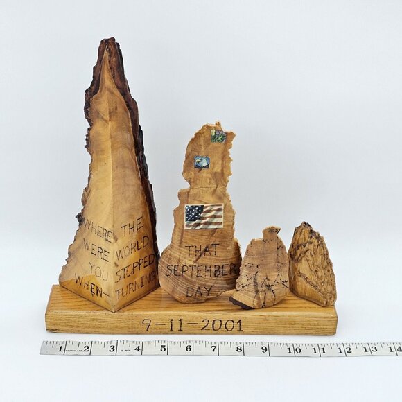 Vintage Hand Carved Wood 9/11 Tribute Memorial Sculpture Remembrance Handmade - Picture 15 of 16